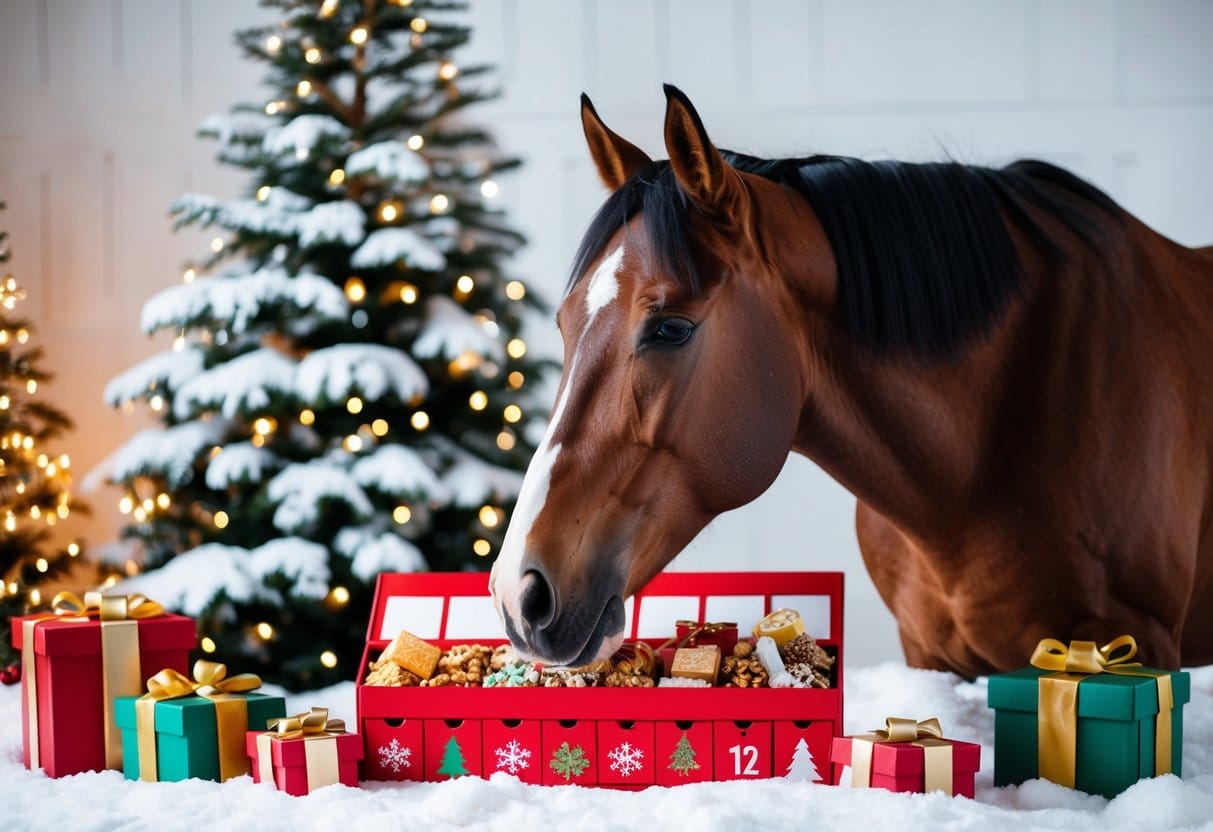 A horse nuzzles a festive advent calendar filled with treats surrounded by twinkling lights and snow-covered trees